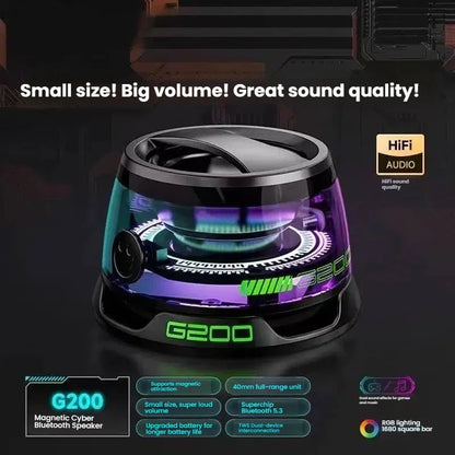 A sleek black and transparent portable bluetooth speaker hecate g200 with vibrant rgb lighting and magnetic design