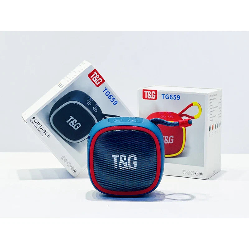 Blue and red t&g tg659 portable bluetooth speaker with textured grille wireless waterproof subwoofer radio fm mini