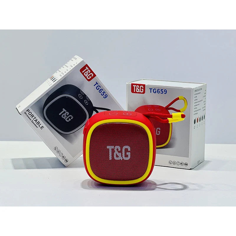 Red and yellow t&g tg659 portable bluetooth speaker with textured grille wireless waterproof subwoofer and radio fm mini features