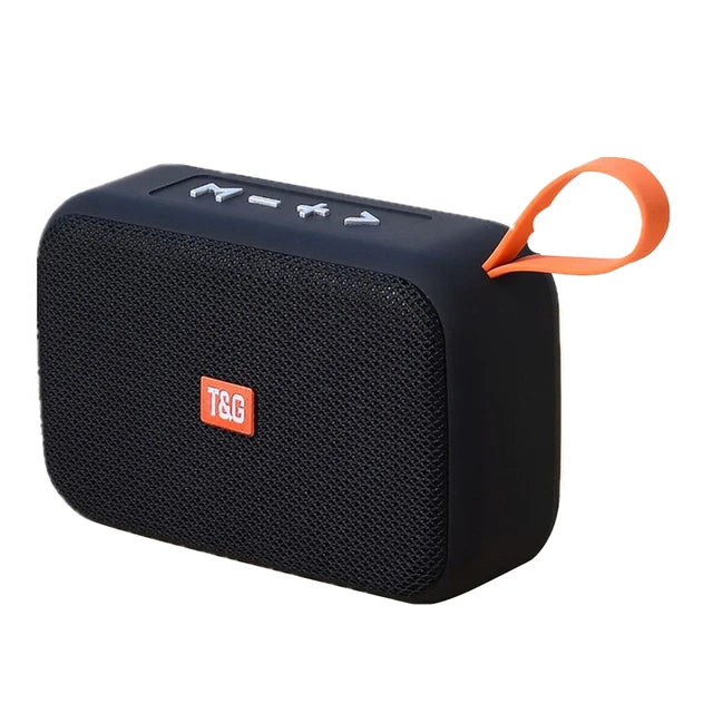 Black mesh textured portable bluetooth speaker with orange loop featuring t&g logo wireless waterproof subwoofer radio fm mini