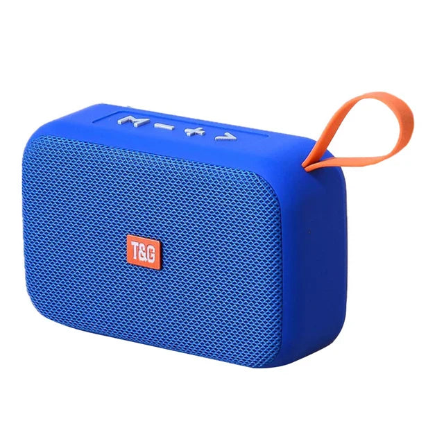 Blue portable bluetooth speaker with orange carrying loop and textured mesh grille wireless waterproof subwoofer radio fm mini