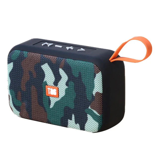 Camouflage portable bluetooth speaker with black rubber frame and orange loop featuring wireless waterproof subwoofer and radio fm mini