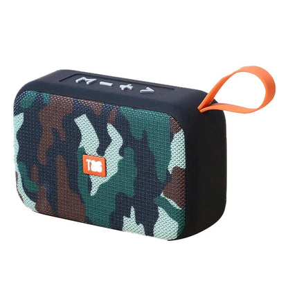 Camouflage portable bluetooth speaker with black rubber frame and orange loop featuring wireless waterproof subwoofer and radio fm mini