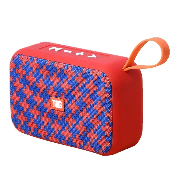 Red and blue houndstooth portable bluetooth speaker with orange loop wireless waterproof subwoofer radio fm mini design