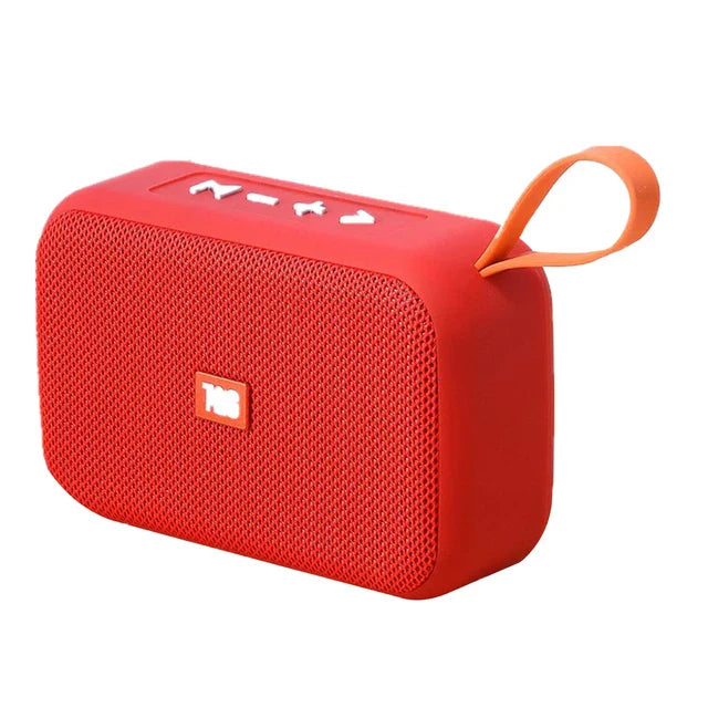 Red portable bluetooth speaker with textured mesh grille white control buttons and orange carrying loop wireless waterproof subwoofer