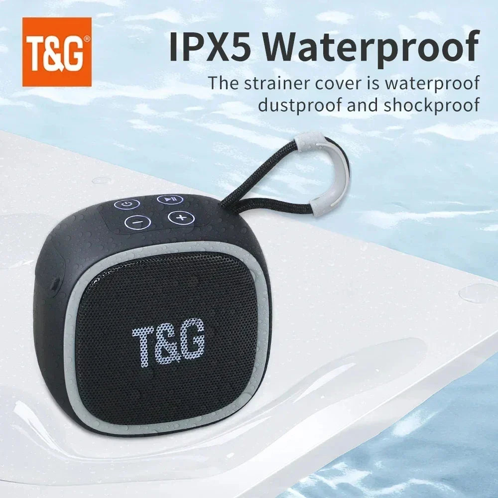 Black and gray portable bluetooth speaker with textured mesh grille wireless waterproof subwoofer and radio fm mini features