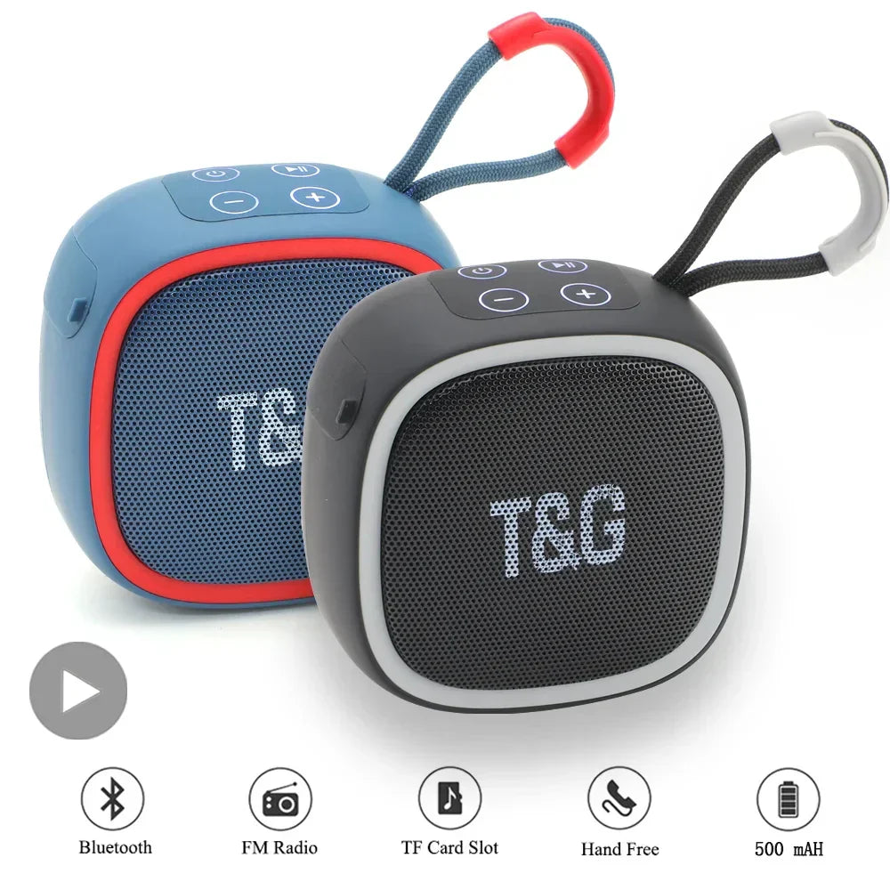 Blue and black portable bluetooth speaker radio fm mini with wireless waterproof subwoofer and red and white carrying loops