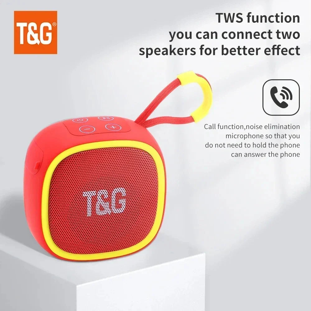 Red and yellow portable bluetooth speaker with carrying loop featuring wireless waterproof subwoofer and radio fm mini functions
