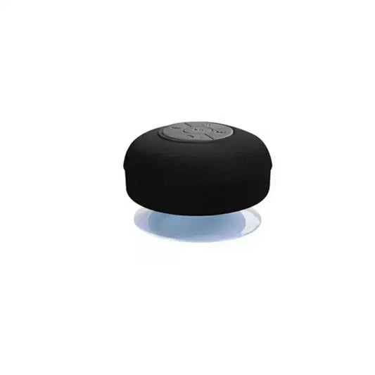 Black portable bluetooth wireless waterproof speaker with gray control panel and suction cup for car bathroom mobile use