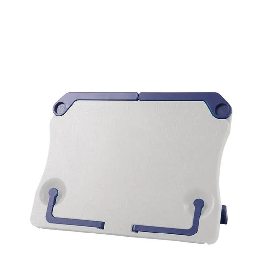 White and navy blue plastic portable bookend stand with adjustable legs folding holder organizer for reading and tablets