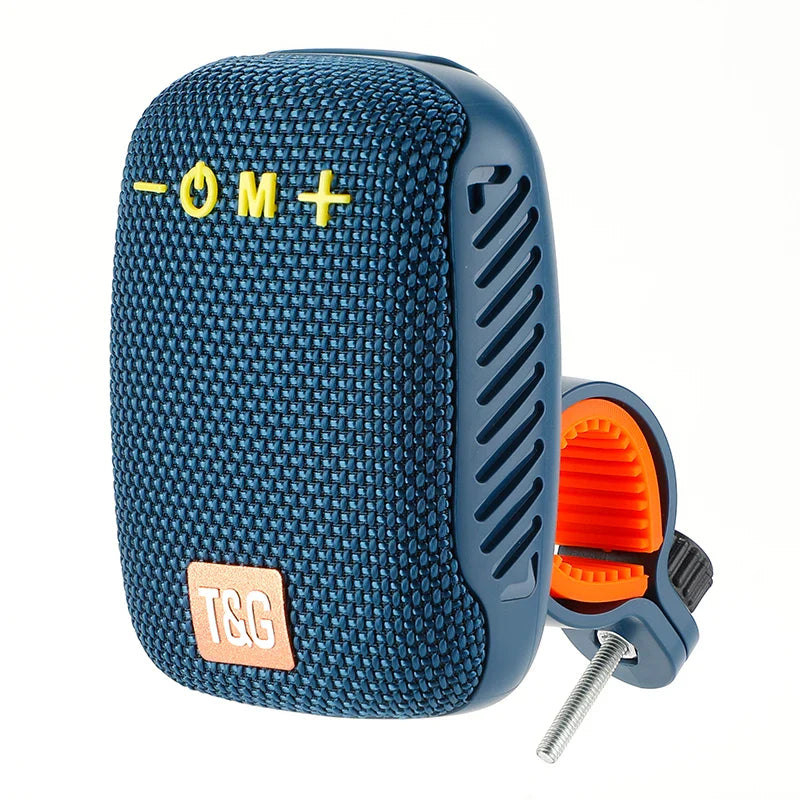 Blue woven-textured bluetooth speaker wireless with yellow om plus branding and orange clamp radio fm subwoofer mini waterproof
