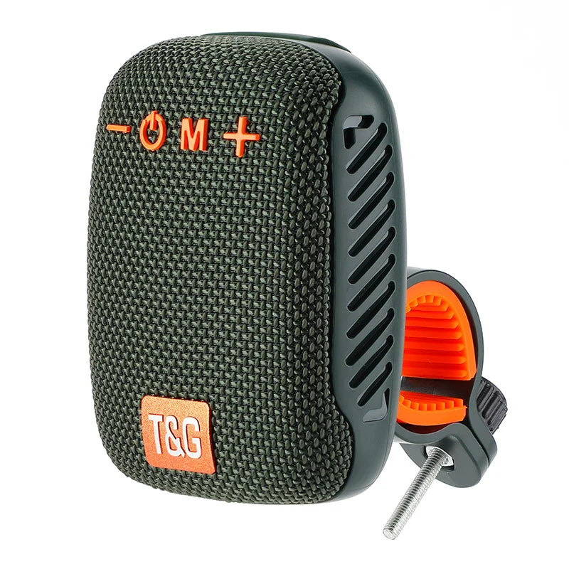 Dark green textured fabric bluetooth speaker wireless with orange buttons and t&g logo for bike handlebar mount