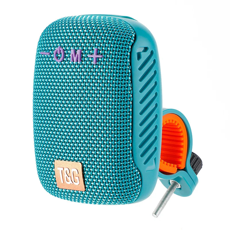 Teal woven-textured bluetooth speaker wireless with purple controls and orange clamp radio fm subwoofer woofer mini waterproof