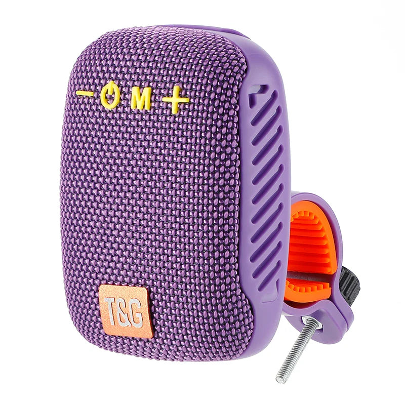 Portable purple bluetooth speaker wireless with yellow volume controls orange clamp radio fm subwoofer woofer mini waterproof