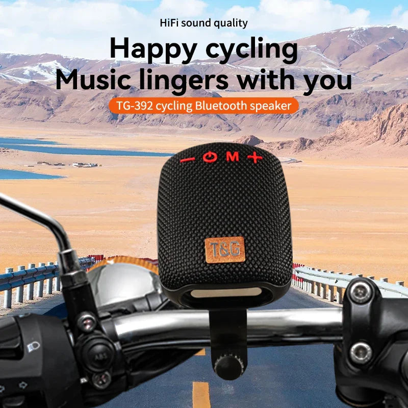 Black textured tg-392 bluetooth speaker wireless with red buttons and leather brand patch radio fm subwoofer woofer mini waterproof