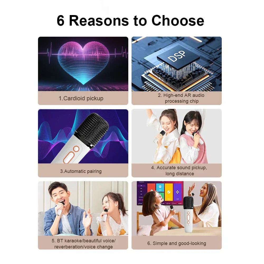 White wireless karaoke microphone with black mesh grille and silver accents for portable car karaoke machine wireless bluetooth ktv speaker