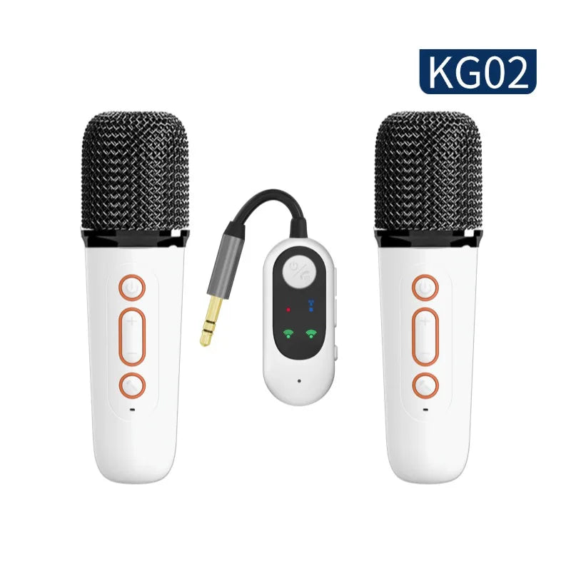 White handheld wireless microphones with black mesh grilles and copper buttons paired with a kg02 receiver for portable car karaoke bluetooth ktv speaker
