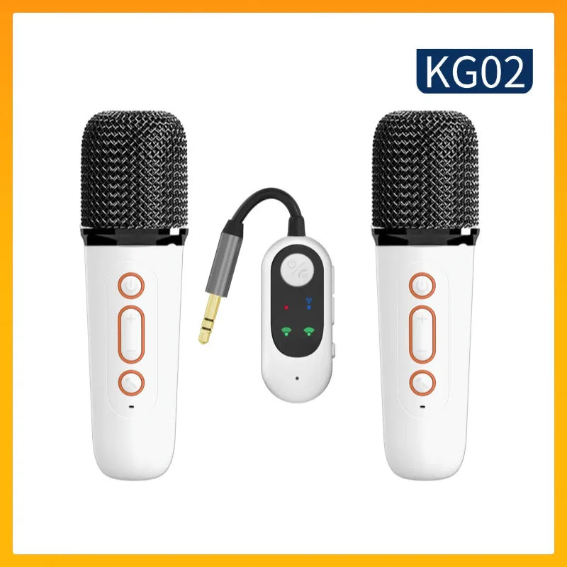 White kg02 wireless karaoke microphones with black mesh grilles and copper buttons for portable car karaoke bluetooth ktv speaker