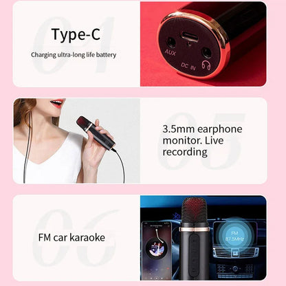 Black handheld bluetooth karaoke microphone with metallic gold accent ring and red mesh grille for live broadcast equipment