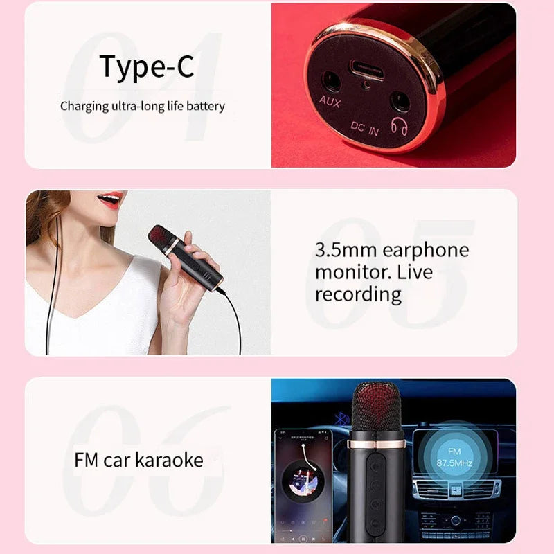 Black handheld bluetooth karaoke microphone with metallic gold accent and red mesh grille for live broadcast equipment