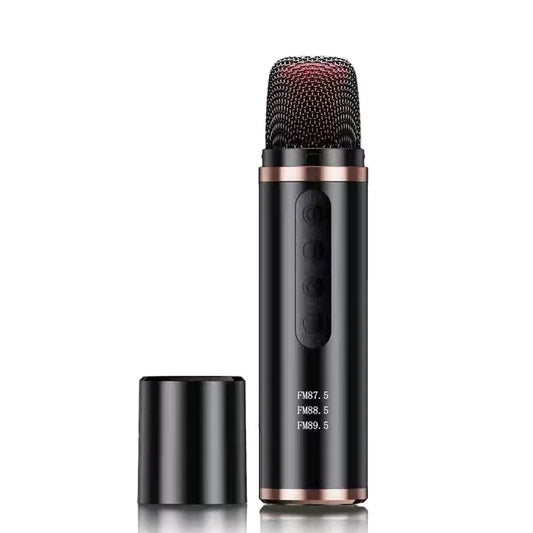 Black wireless bluetooth karaoke microphone with rose gold accents and fm radio frequency for portable car mini use