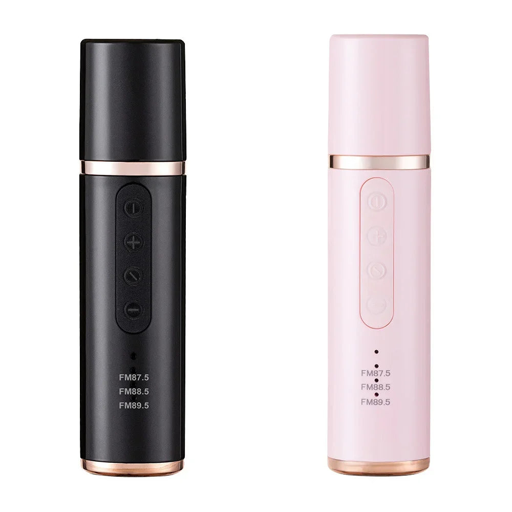 Two sleek cylindrical portable car mini bluetooth karaoke microphones in matte black and soft pink with rose gold trim