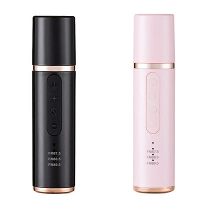Two sleek cylindrical portable car mini bluetooth karaoke microphones in matte black and soft pink with rose gold trim for live broadcast equipment