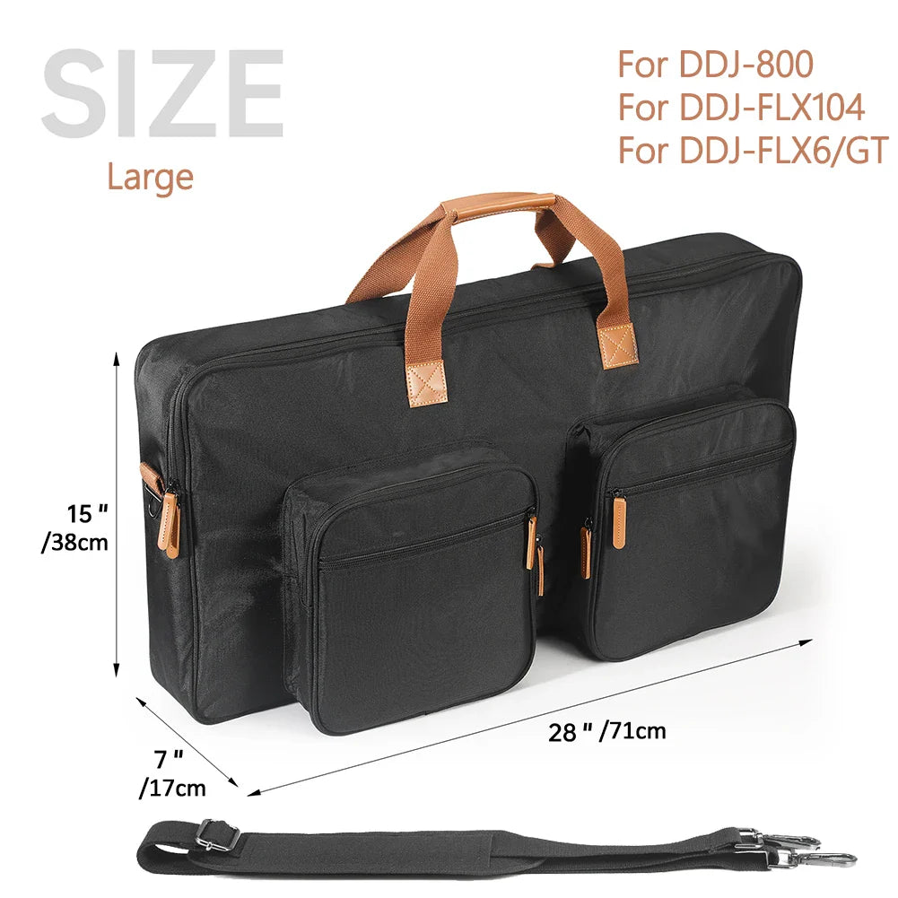 Black fabric portable carrying case with tan leather handles and zipper pulls for pioneer dj ddj-800 and ddj-flx104