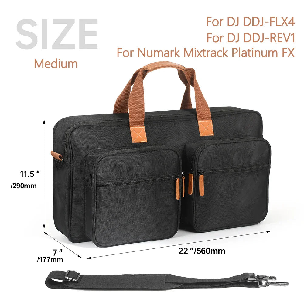 Black fabric portable carrying case with tan leather handles for pioneer dj ddj-800 ddj-flx104 dj equipment storage