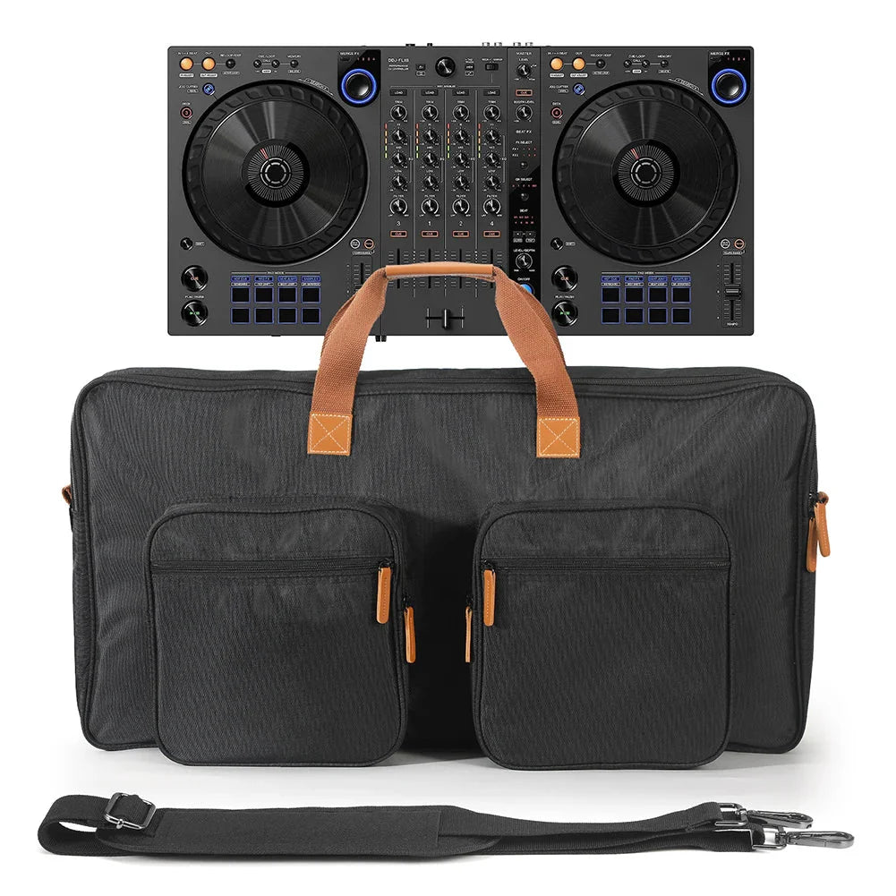 Black pioneer dj ddj-800 controller with blue accents and tan leather handles next to portable carrying case with front pockets