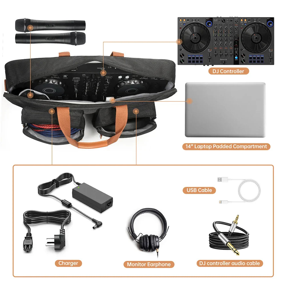 Black portable carrying case with tan leather handles and padded compartments for pioneer dj ddj-800 and ddj-flx104 controllers