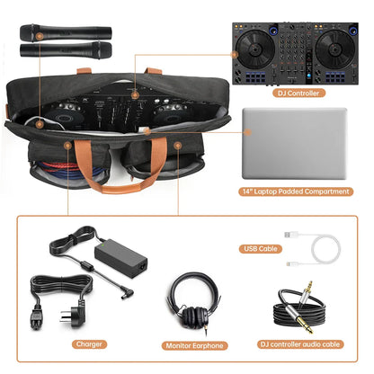 Black portable carrying case with tan leather handles and padded compartments for pioneer dj ddj-800 and ddj-flx104 controllers