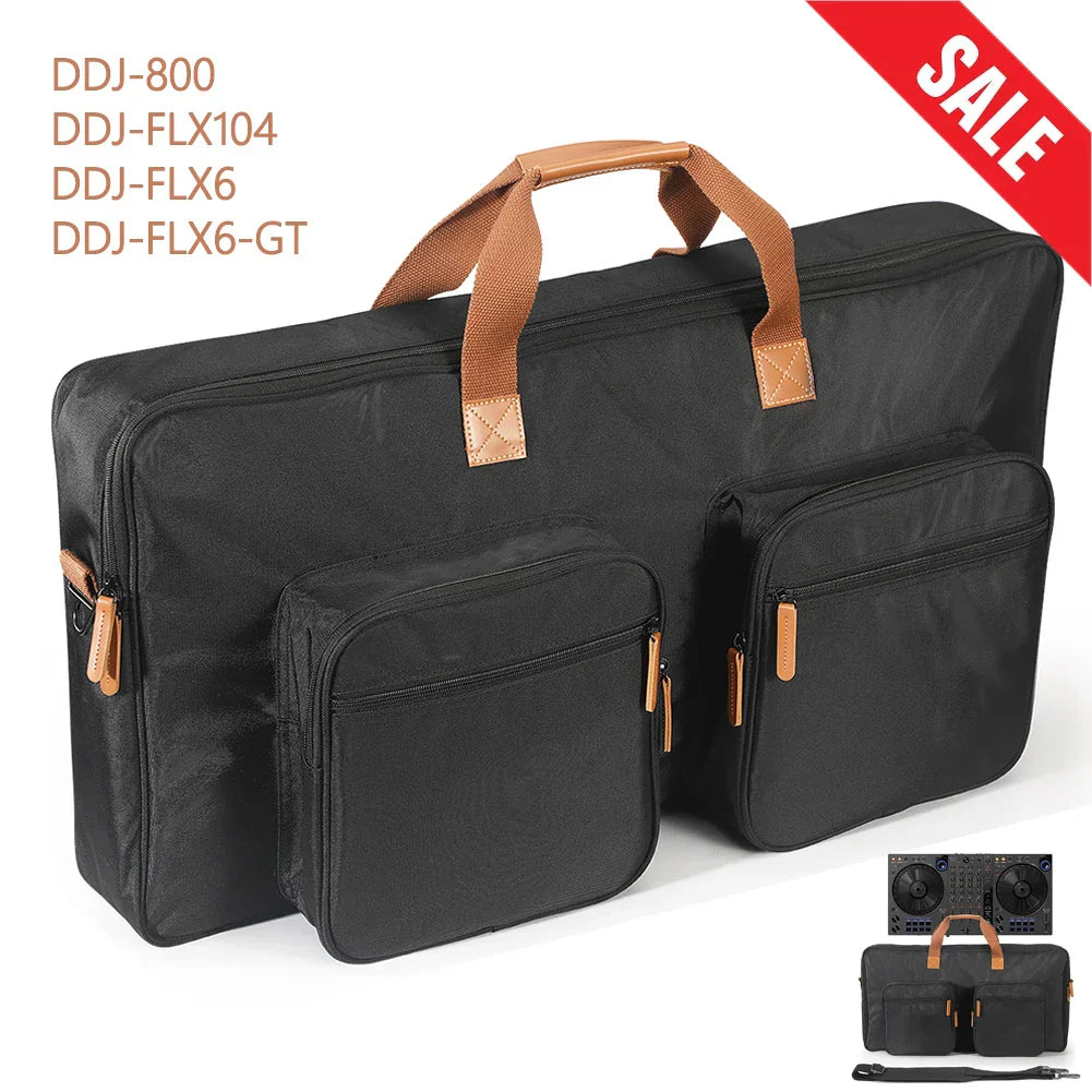 Portable carrying case in black with tan leather handles for pioneer dj ddj-800 ddj-flx104 and similar models