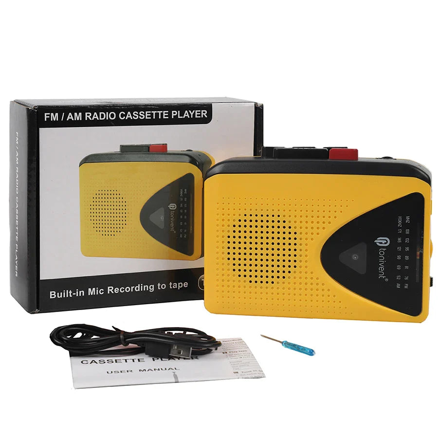 Yellow and black ionivent portable cassette player with am fm radio stereo music and 3.5mm headphone jack