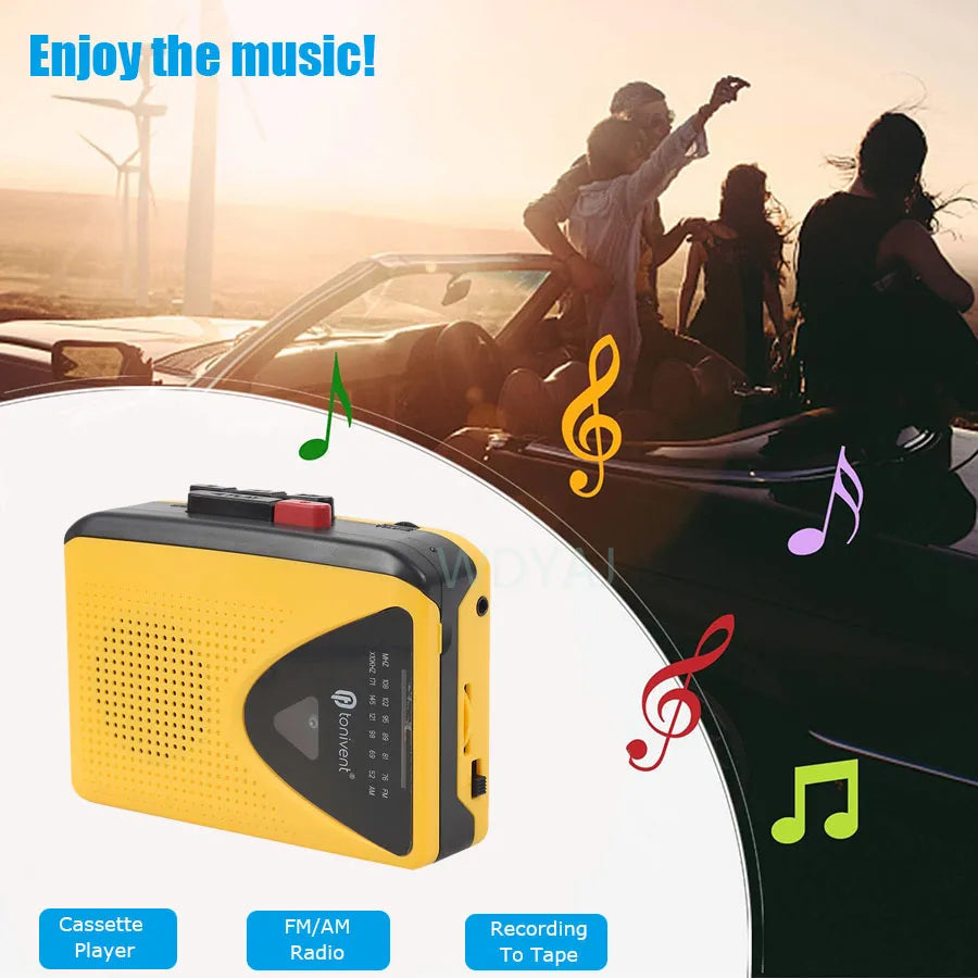 Yellow and black portable cassette player with speaker grille recording to tape radio stereo music and 3.5mm headphone jack