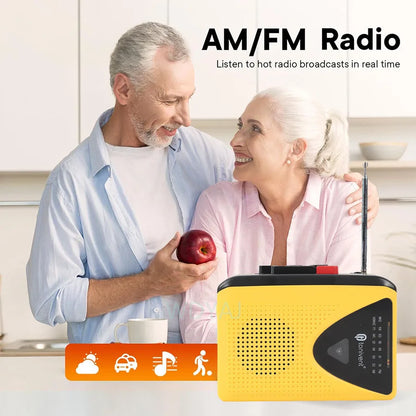 Yellow and black portable cassette player with am fm radio stereo music, mic speaker, telescopic antenna, and 3.5mm headphone jack