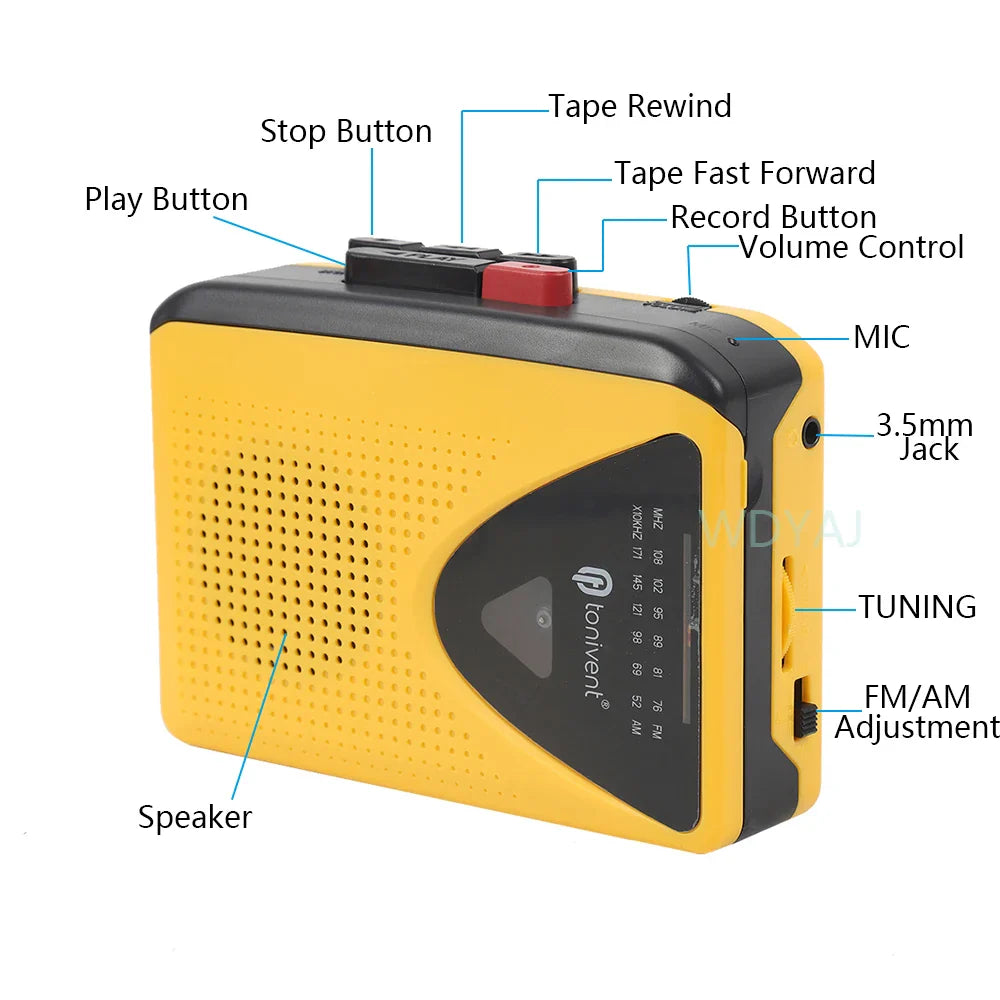 Yellow and black portable cassette player with speaker grille labeled convenient features 3.5mm headphone jack for radio stereo music