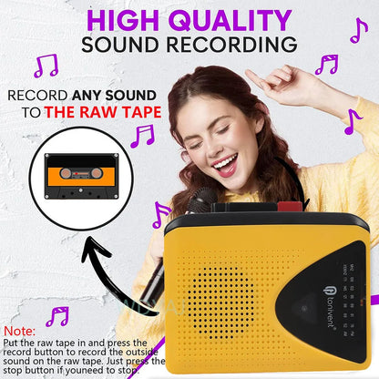 Yellow and black portable cassette player recorder with mic speaker and 3.5mm headphone jack for radio stereo music