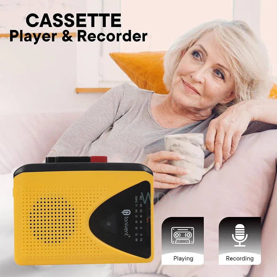 Yellow and black portable cassette player with perforated speaker grille control buttons and 3.5mm headphone jack for radio stereo music