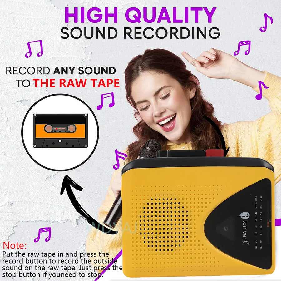 Yellow and black portable cassette player recorder with mic speaker radio stereo music and 3.5mm headphone jack