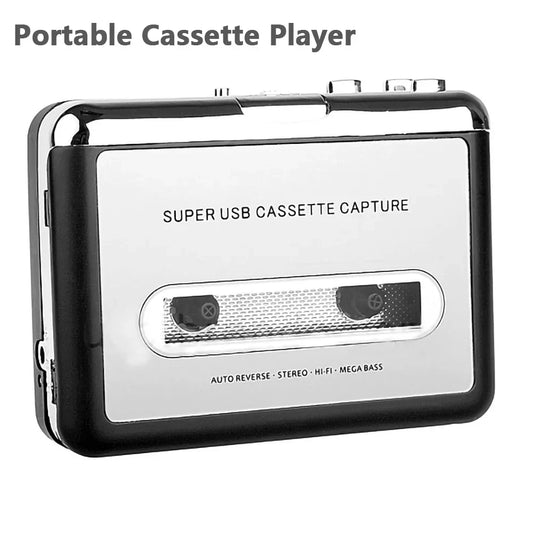 Black and silver portable cassette player with usb cassette capture and mp3 converter type c for audio recording and playback