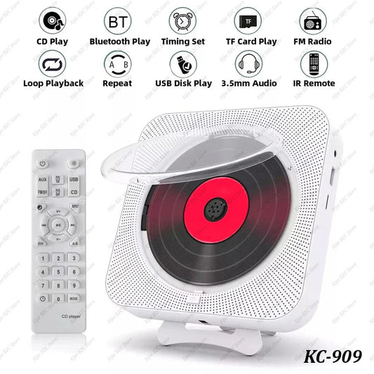 White portable cd player with bluetooth speaker stereo featuring perforated grilles and mountable cd music design
