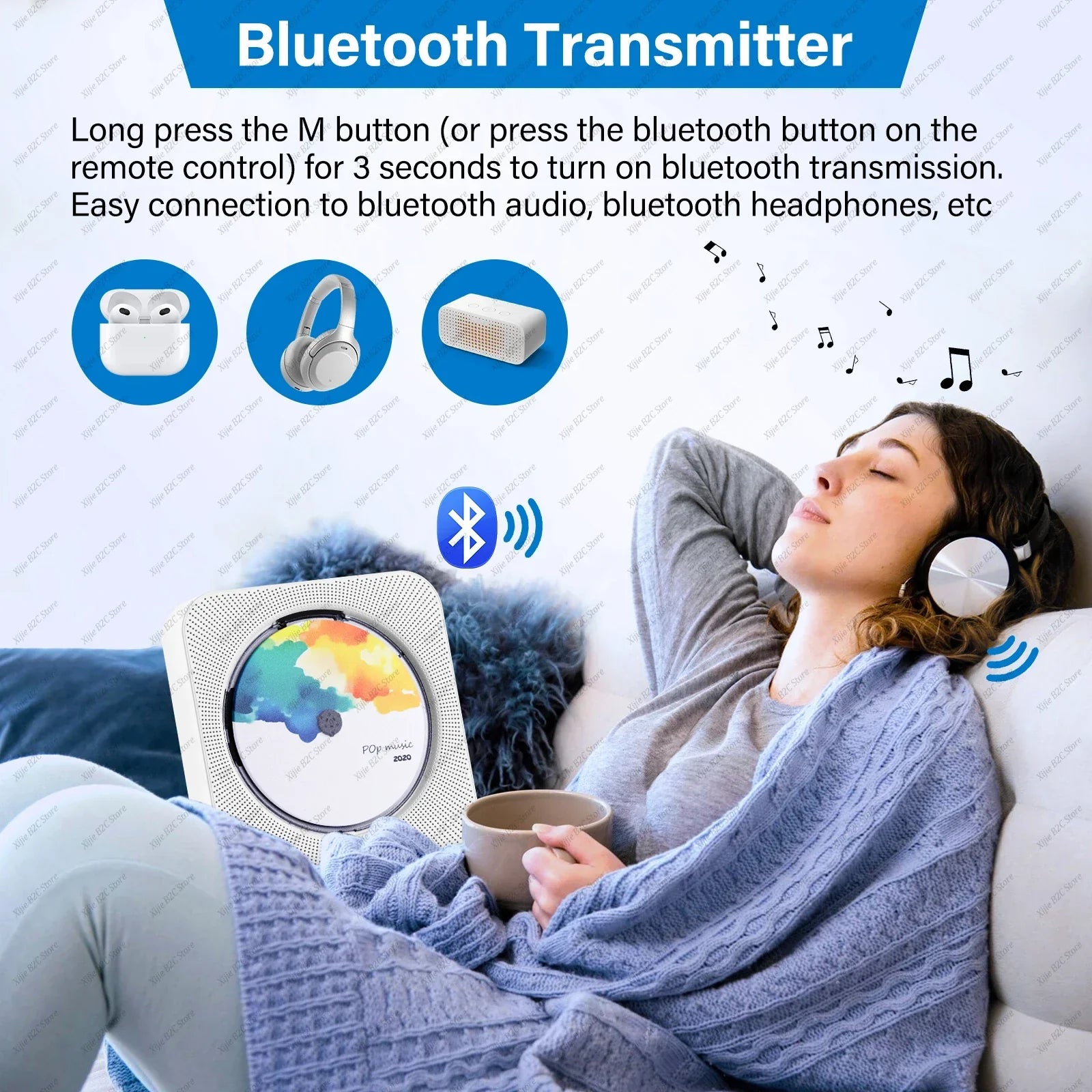 White rectangular bluetooth speaker stereo with circular led display and perforated sides in a portable cd player design
