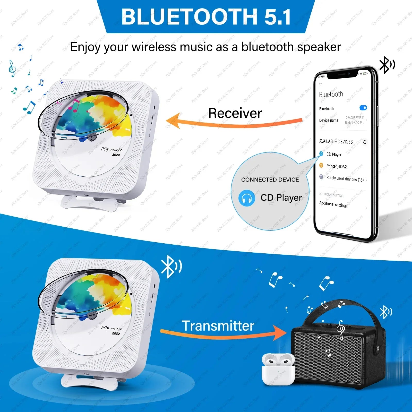 White square bluetooth speaker stereo with led colorful display labeled pop music 2020 for mountable cd music use