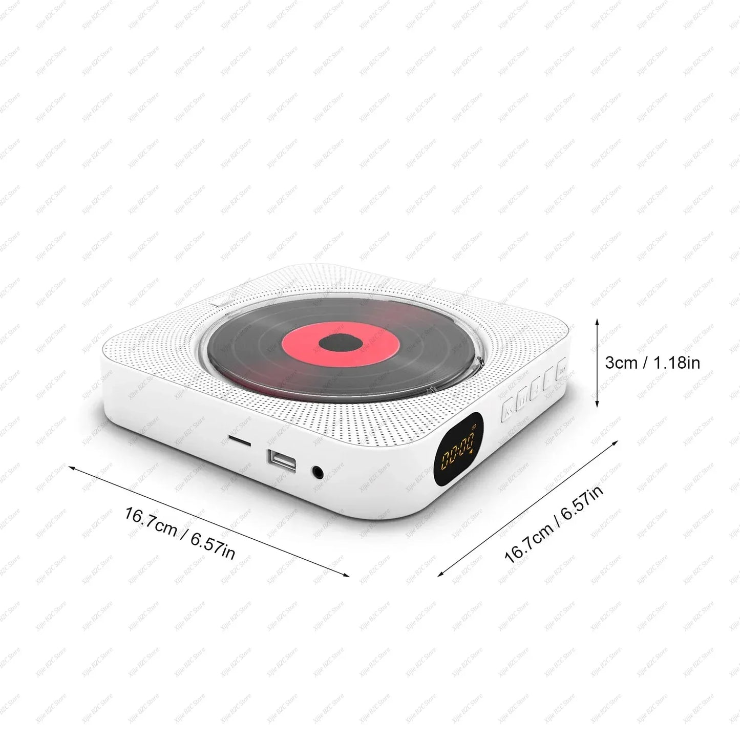 White square-shaped portable cd player with red and black record-style tray usb port led screen bluetooth speaker stereo