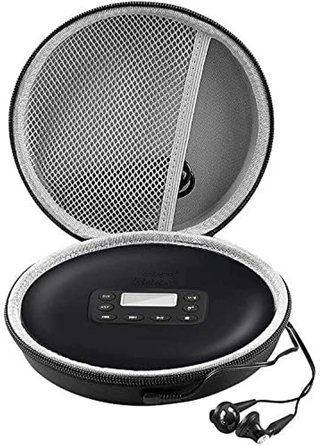 Black portable cd player with digital display and buttons inside black gray mesh case for hott cd204 903tf monodeal disc player