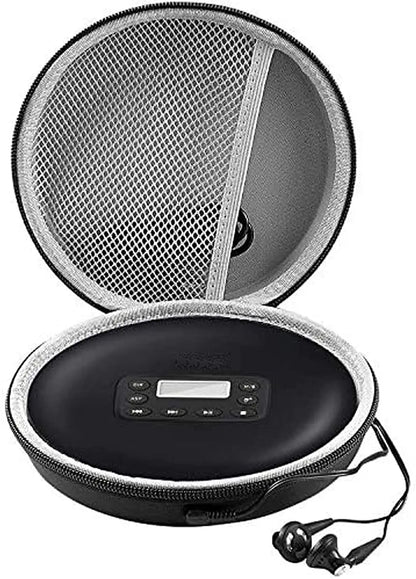 Black portable cd player with digital display and buttons inside black gray mesh case for hott cd204 903tf monodeal disc player
