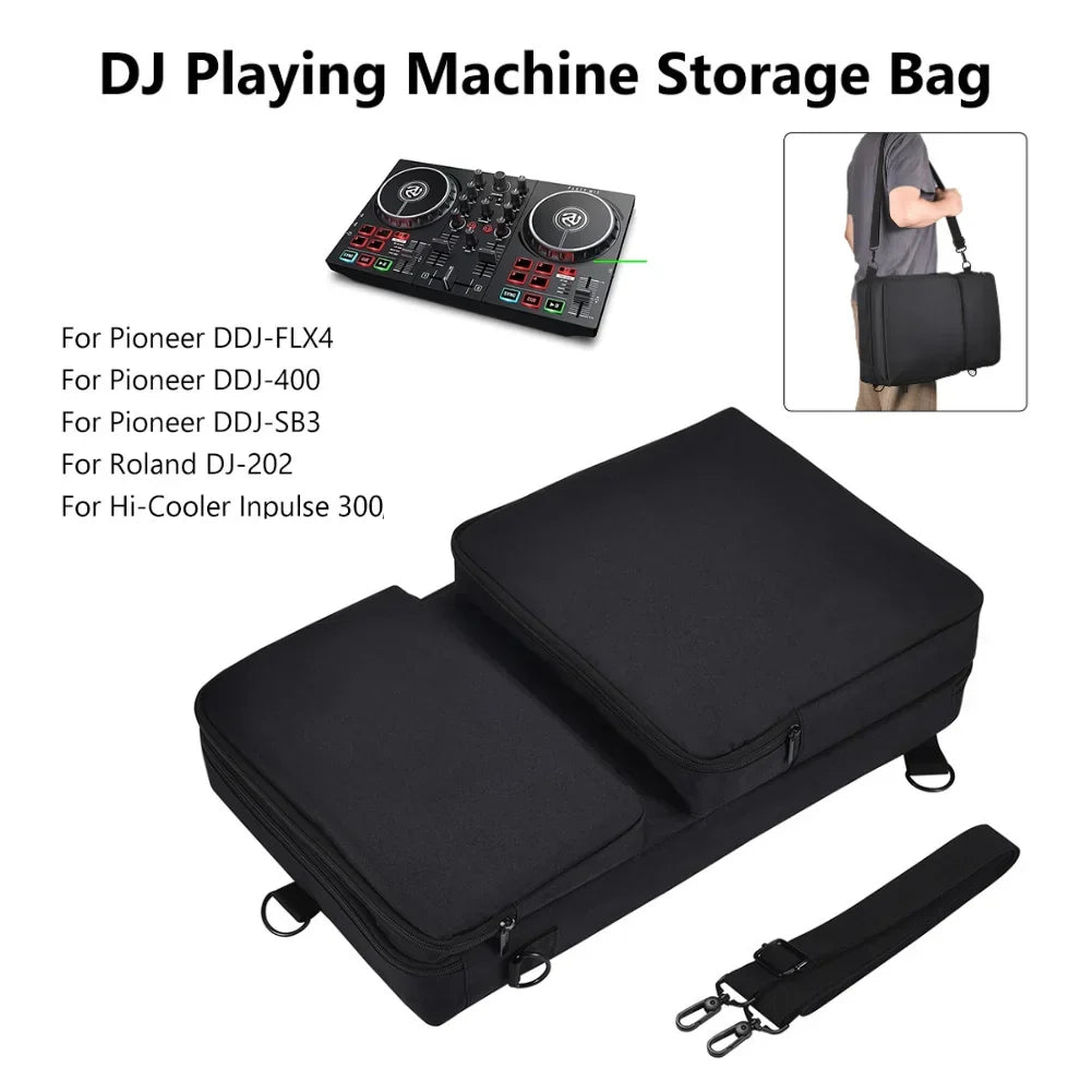 Black padded portable storage bag with multiple compartments and adjustable strap for pioneer ddj-400 ddj-flx4 turntables protective case dustproof
