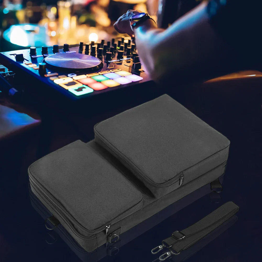 Dark gray durable fabric controller padded storage bag with multiple zipped compartments for pioneer ddj-400 ddj-flx4 turntables protective case