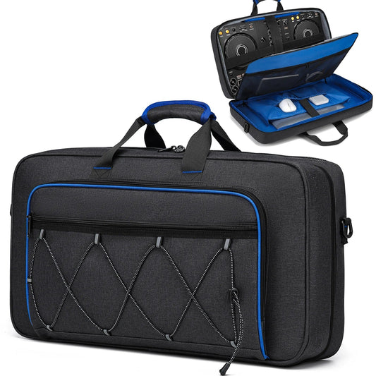 Black dj equipment case with blue trim mesh straps portable dj controller padded storage bag compatible dj ddj-400 turntables protective bag